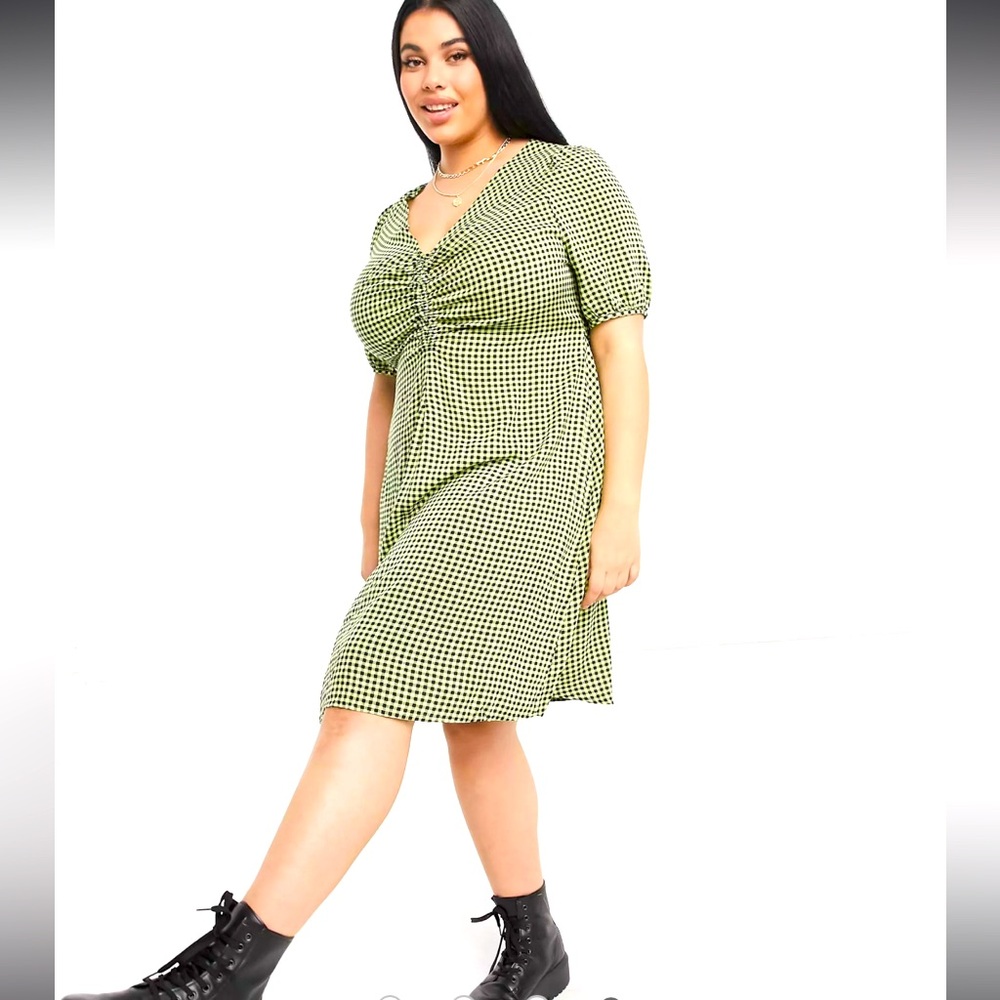 New Look Curve Green Gingham Ruched Tie Back Mini Tea Dress Plus 14 Cottagecore